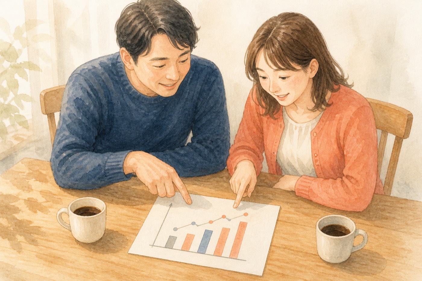 診断結果のグラフを一緒に見る夫婦のイラスト