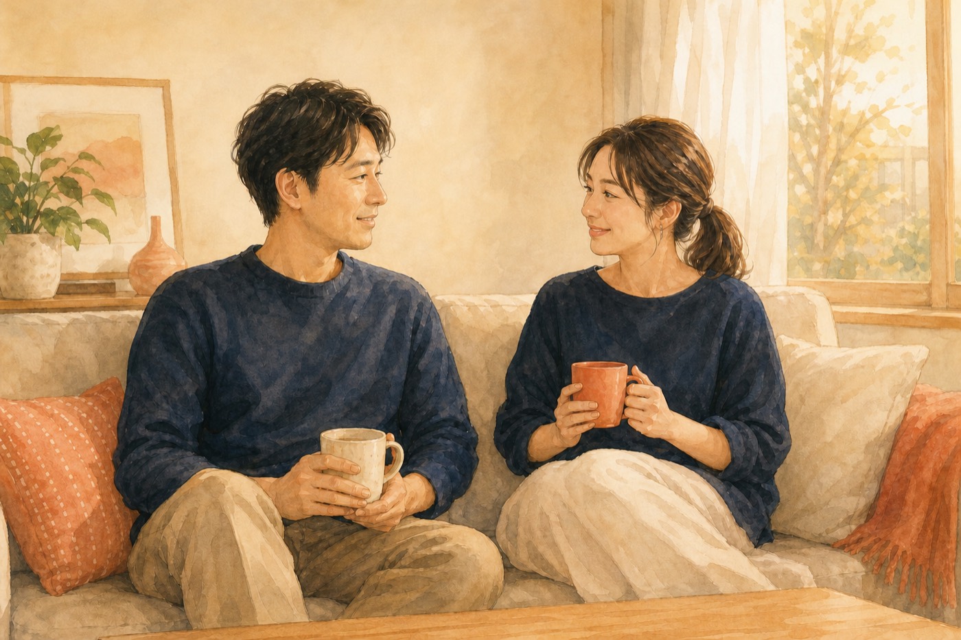 リビングで穏やかに会話する夫婦のイラスト